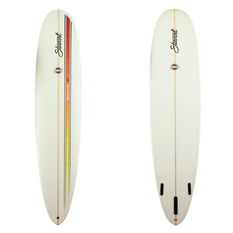 Stewart Surfboards Redline 11 longboard (9'0", 23", 3 1/8") with red/orange/yellow and black stripes on deck