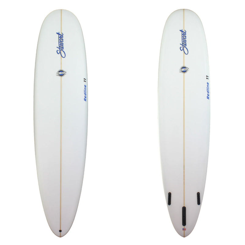 Deck and bottom view of a Stewart 9'0" Redline 11 (9'0", 23 1/2", 3 1/4") B#127466 Longboard  Sanded Clear with Blue Logos