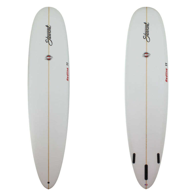 Deck and bottom view of a Stewart Redline-11 long board with a sand finish and red redline-11 logo's