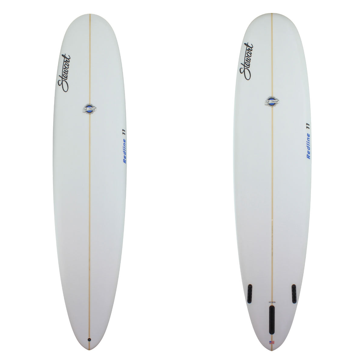 Deck and Bottom View of a stewart redline-11 longboard with blue logos and no colorwork sand finish 