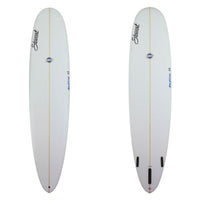 Deck and Bottom View of a stewart redline-11 longboard with blue logos and no colorwork sand finish