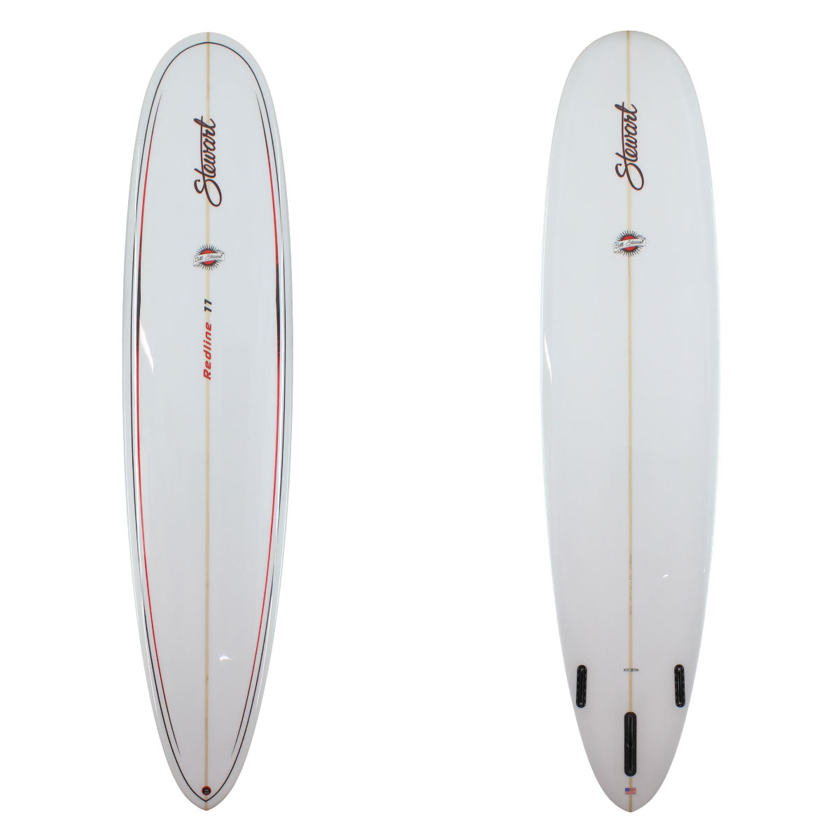 Deck and bottom view of a stewart redline 11 with a black and red pin line and a gloss and polish finish 