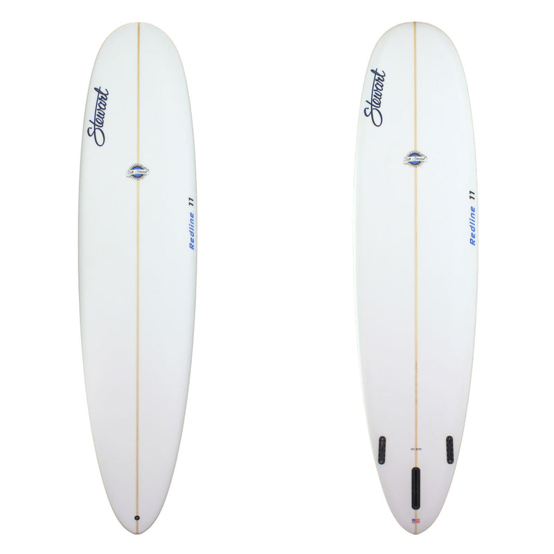 redline 11 longboard surfboard with clear glassjob and blue logos