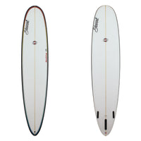 A STEWART REDLINE 11 LONG BOARD SURFBOARD WITH BLACK RAILS AND A PINLINE WITH A COLOR FADE 