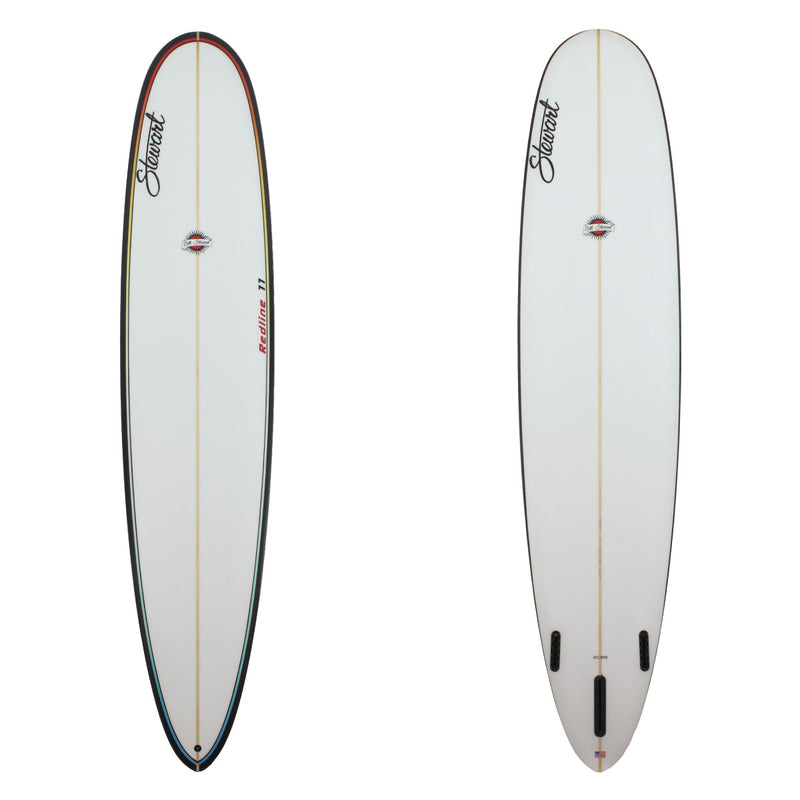 A STEWART REDLINE 11 LONG BOARD SURFBOARD WITH BLACK RAILS AND A PINLINE WITH A COLOR FADE 