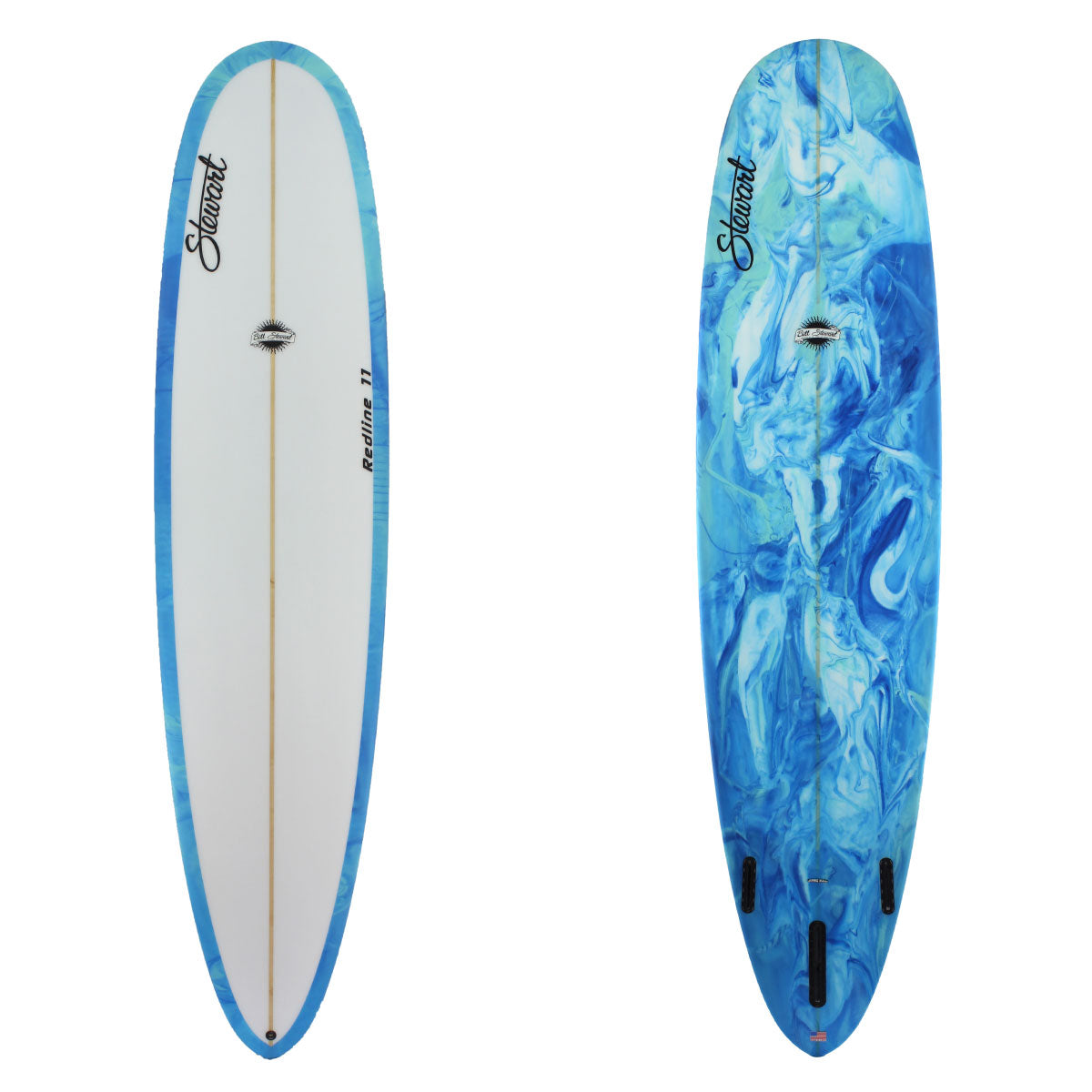 Stewart Longboard 9'0" Redline 11 (9'0", 23 1/2", 3 1/8") B#128468 with blue and white resin swirl on the bottom and rails