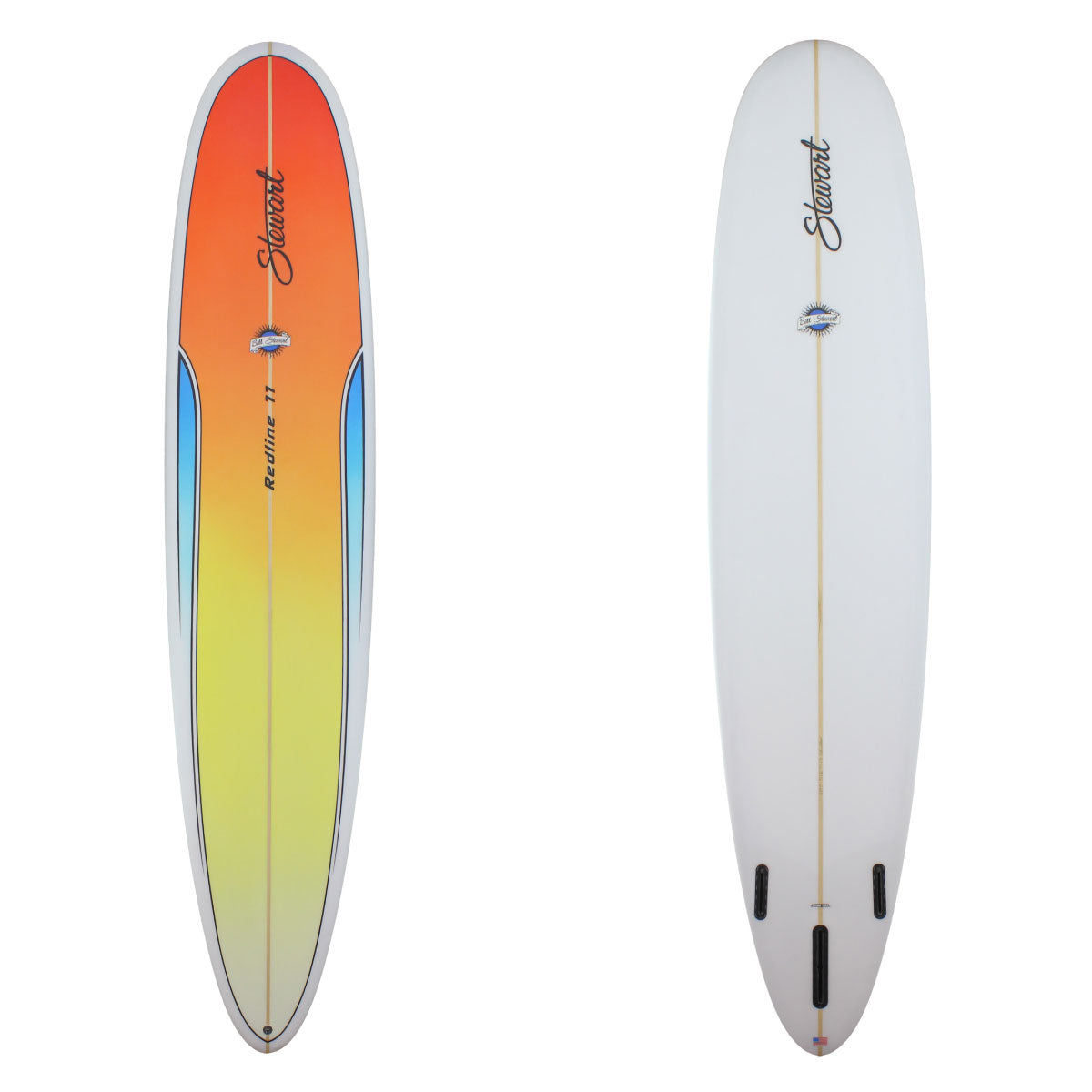 Deck and bottom view of a stewart redline 11 longboard with a yellow, orange, and blue paint job on the deck of the board with a sand finish 