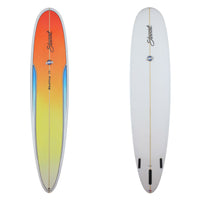 Deck and bottom view of a stewart redline 11 longboard with a yellow, orange, and blue paint job on the deck of the board with a sand finish 