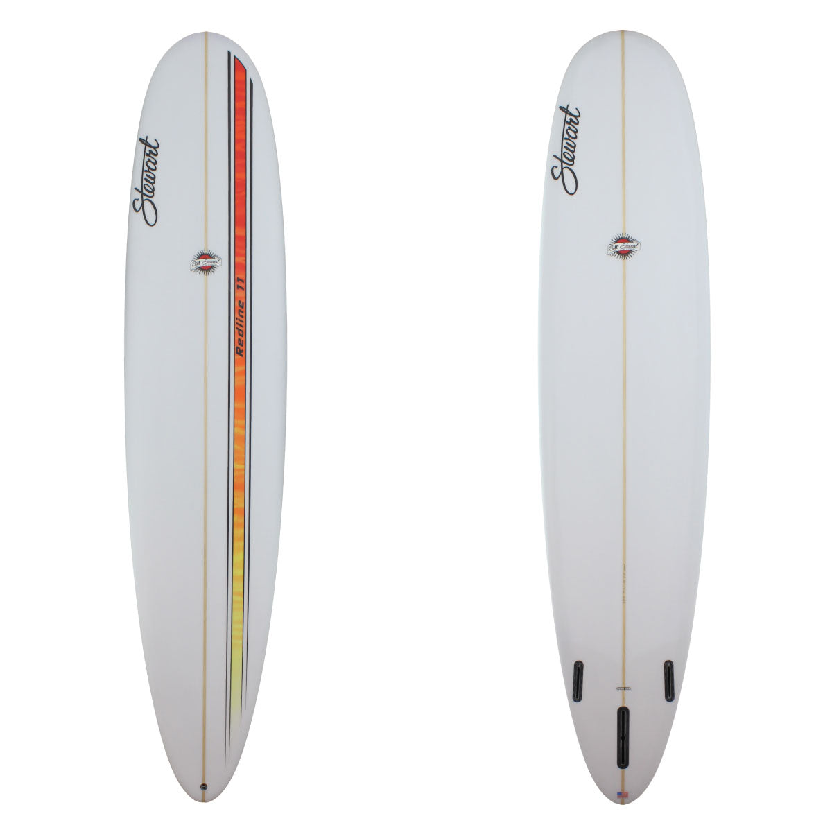 Deck and bottom view of a stewart redline 11 longboard with and orange fading into yellow pin line on the right side of the deck sand finish 