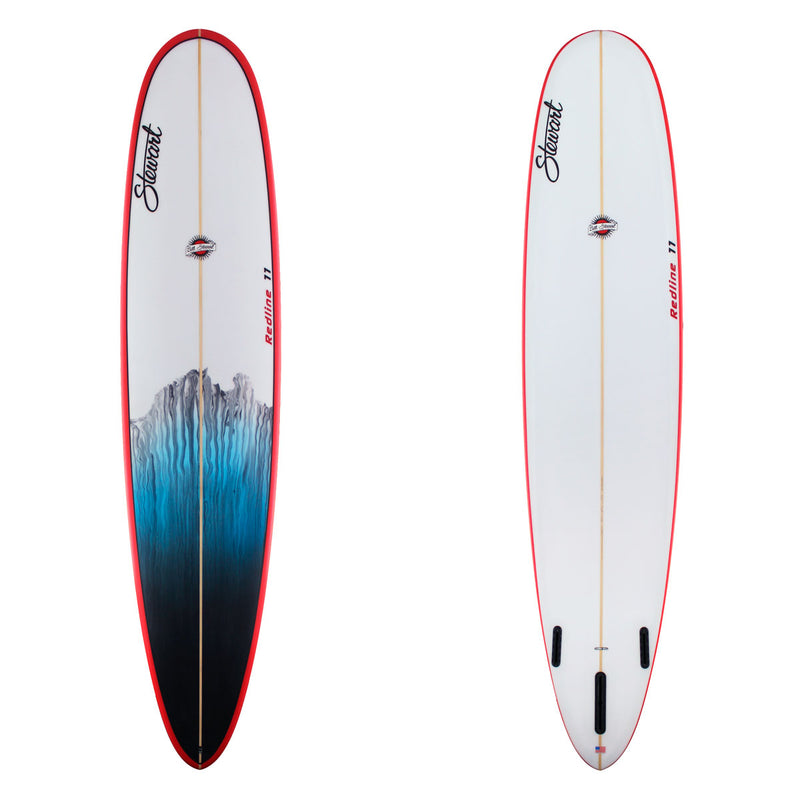 Stewart Longboard 9'0" Redline 11 (9'0", 23 1/2", 3 5/8") B#128657 with red rails and black and blue acid slash on the bottom tail end of the deck 