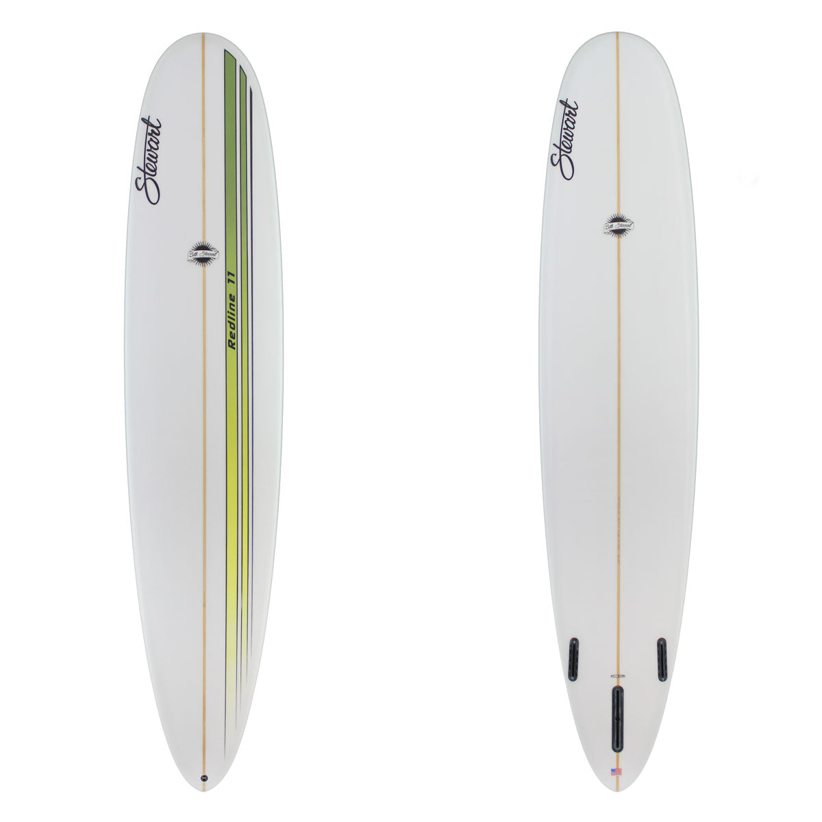 Stewart Longboard 9'0" Redline 11 (9'0", 22 7/8", 2 7/8") B#128730 with a green and yellow racing stripe on. the deck