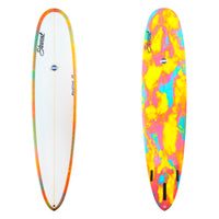 Two surfboards, one white with orange and yellow gradient, the other multicolored, on a white background.