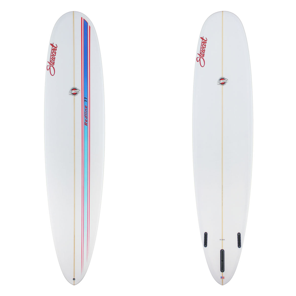 deck and bottom of Redline 11 with blue and red racing stripes 