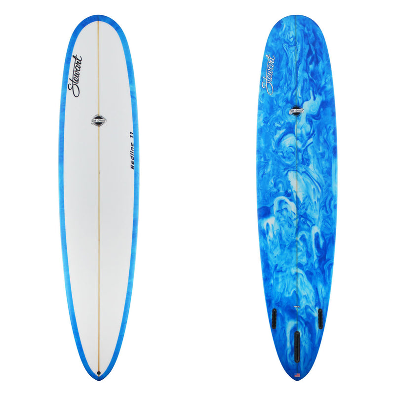 Stewart Longboard 9'0" Redline 11 (9'0", 24", 3 1/8") B#129008 with blue and white resin swirl on the bottom and rails