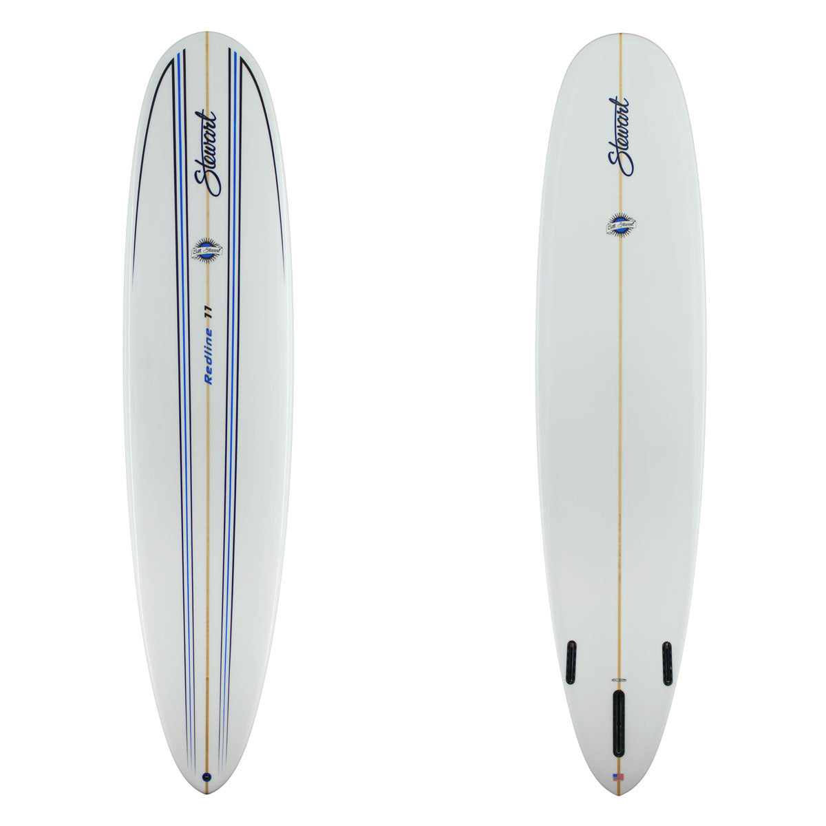 stewart redline 11 longboard with black and blue pinlines on deck and gloss + polish