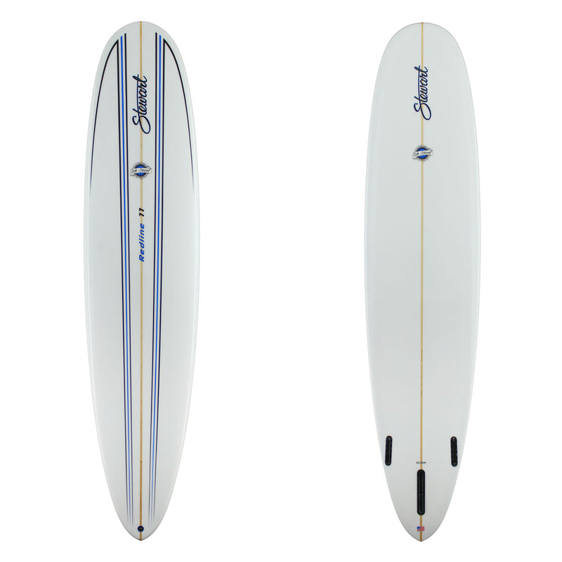 stewart redline 11 longboard with black and blue pinlines on deck and gloss + polish
