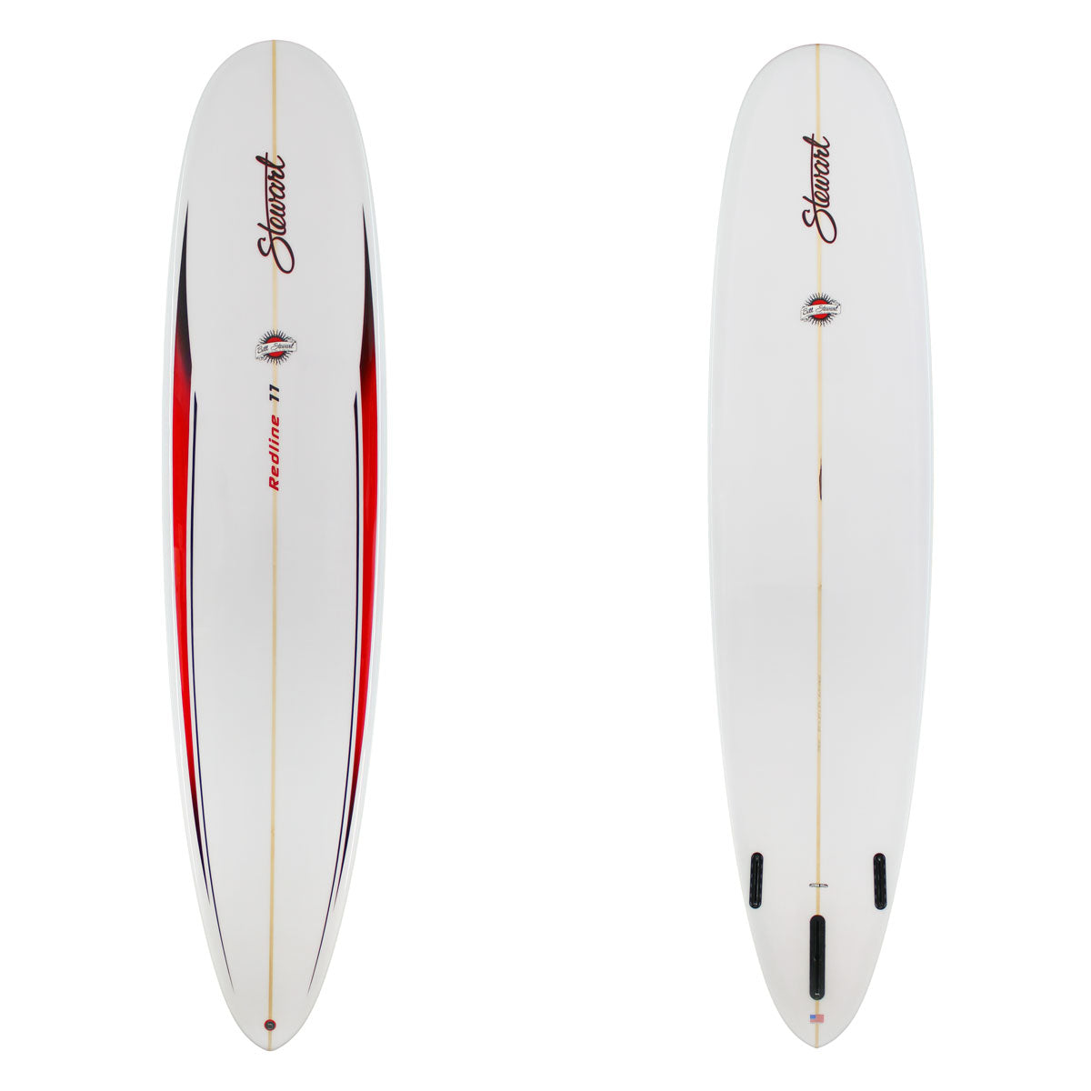 Stewart Longboard 9'0" Redline 11 (9'0", 24", 3 1/4") B#129034 Gloss & Polish and red black spears on the deck.