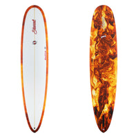 Stewart Longboard 9'0" Redline 11 (9'0", 23 3/4", 3 1/8") B#129207 with red and yellow resign swirl on the bottom and rail