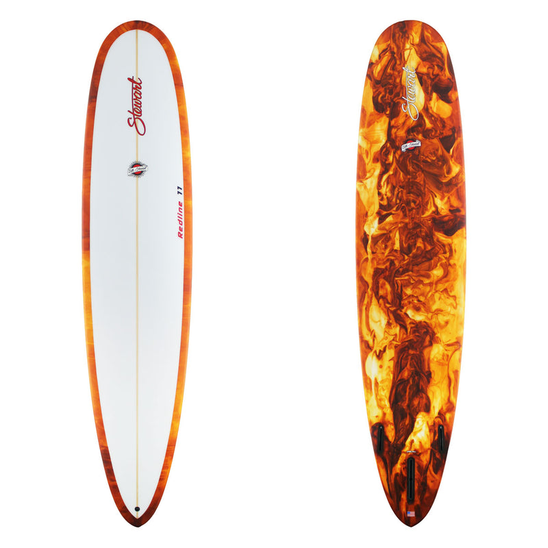 Stewart Longboard 9'0" Redline 11 (9'0", 23 3/4", 3 1/8") B#129207 with red and yellow resign swirl on the bottom and rail