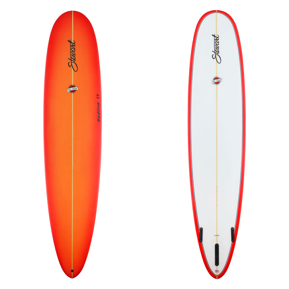 Stewart longboard 9'0" Redline 11 (9'0", 23 3/4", 3 1/4") B#129211 with a red and orange fade on the deck and rails 