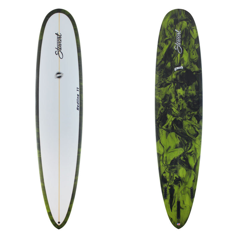 Stewart Longboard 9'0" Redline 11 (9'0", 23 1/2", 3") B#129277 with green and black resign swirl on the bottom and rails.