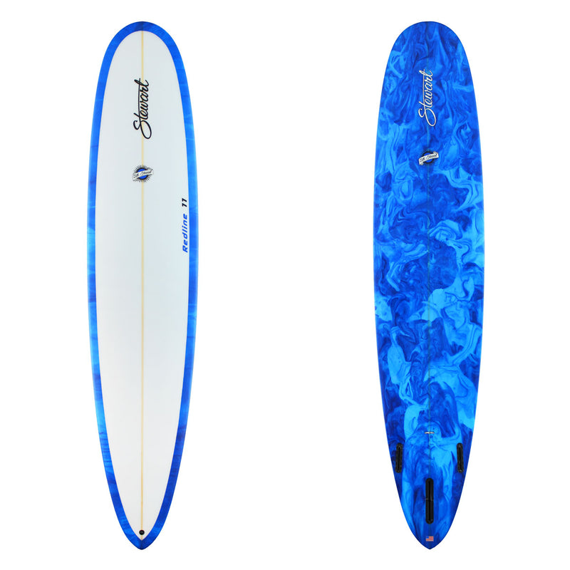 Stewart Longboard 9'0" Redline 11 (9'0", 23", 3 1/8") B#129312 with a blue and a light blue resin swirl on the bottom and rails