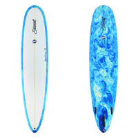 Stewart Longboard 9'0" Redline 11 (9'0", 23 1/2", 3 1/8") B#129315 with a blue and white resin swirl on the bottom and rails.
