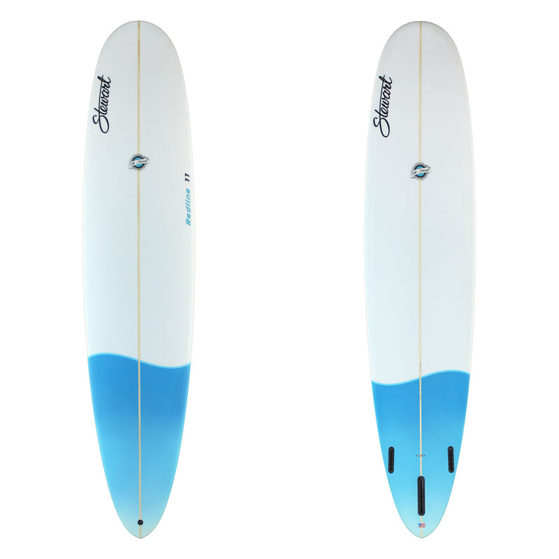 Stewart Longboard 9'0" Redline 11 (9'0", 23 3/4", 3 1/8") B#129402 with a blue tail dip on the top and bottom