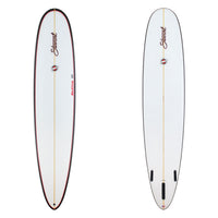 Two views of a surfboard with branding on a white background