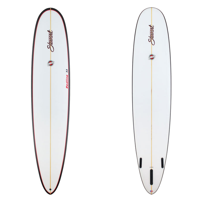 Two views of a surfboard with branding on a white background