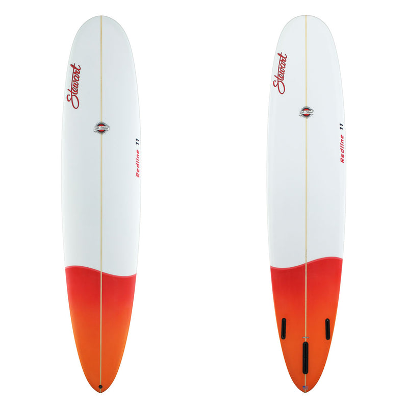 Two white surfboards with red tips on a white background