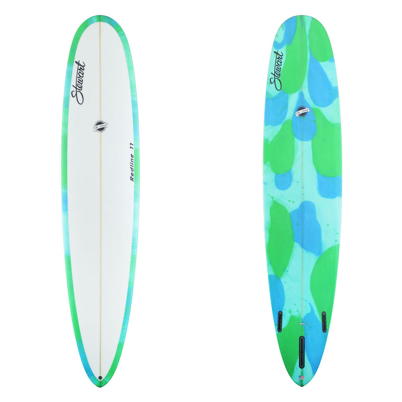 two srfboard images . the top has green and bue rails with black branding. The bottom has a green and blue abstract with black branding