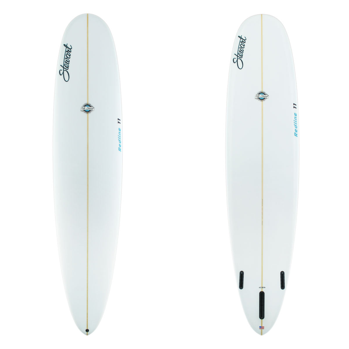 Two images of a white surfboards with black and bue branding.