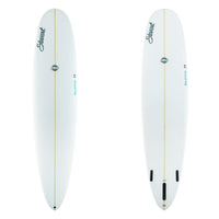 Two images of a white surfboards with black and bue branding.
