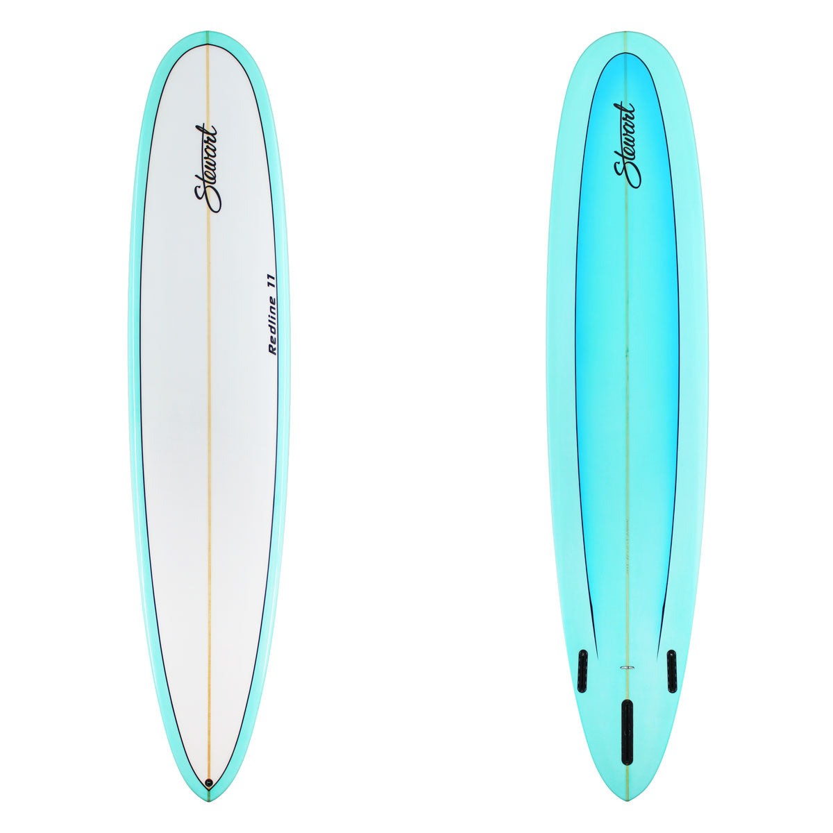 Two views of a surfboard with a light blue gradient and brand name on a white background.