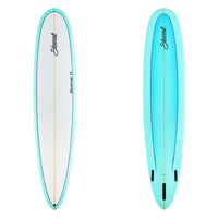 Two views of a surfboard with a light blue gradient and brand name on a white background.