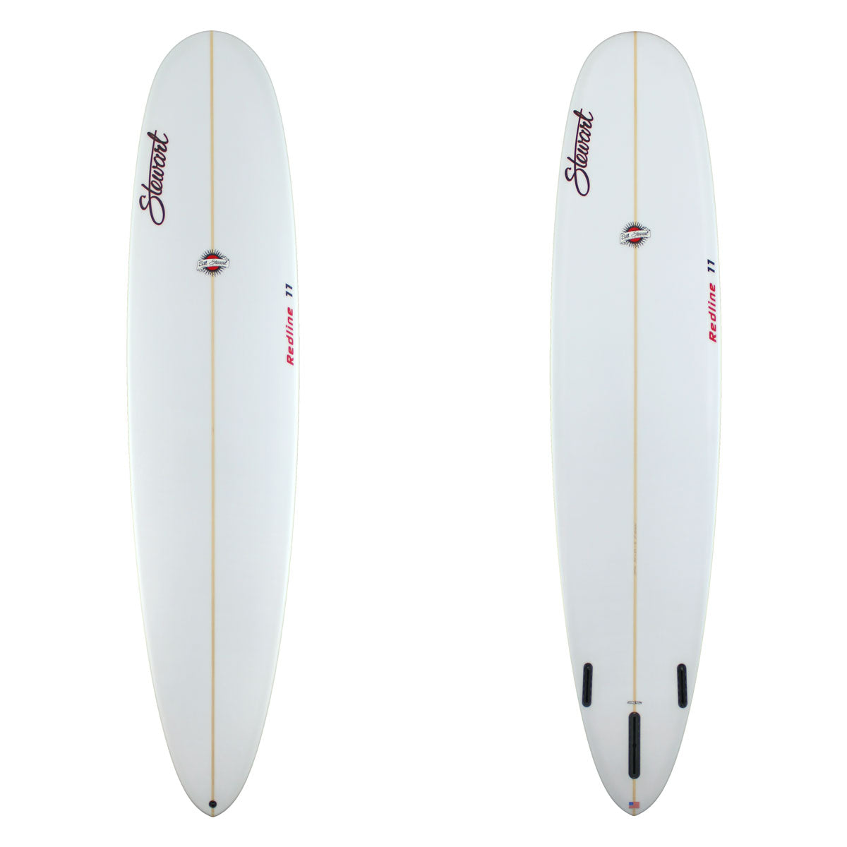 White surfboard with red and black branding on a white background