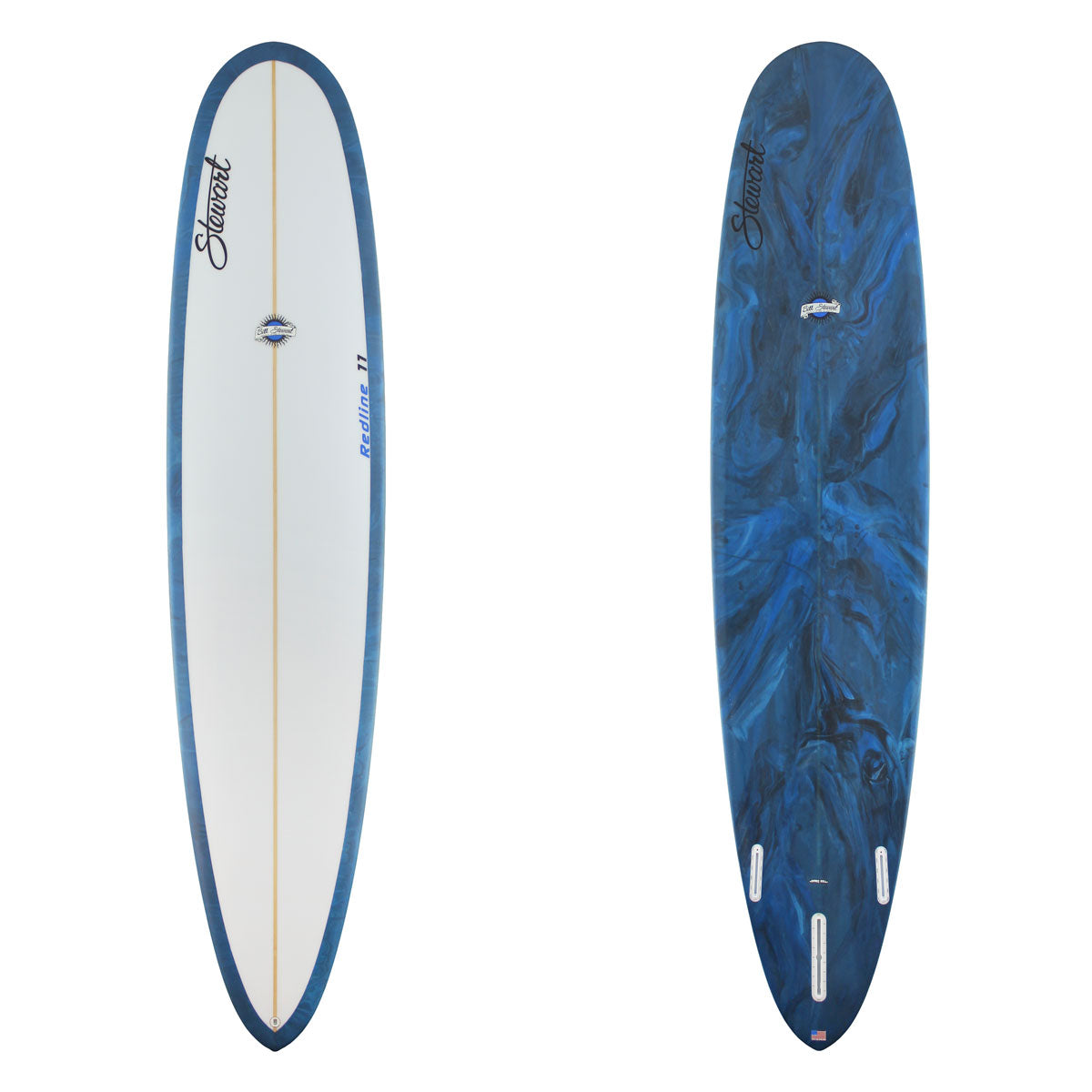 Stewart Longboard 9'0" Redline 11 (9'0", 23 3/4", 3 1/2") B#129751 with a blue and black resin swirl on the bottom and rails