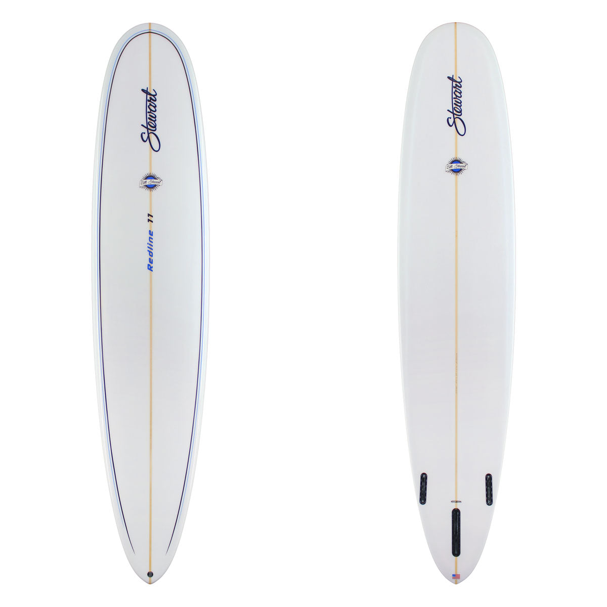 Two views of a white surfboard on a plain white background, showing the top and bottom halves. The board features a gold center stripe, blue outline accents, the brand name 'Stuart' in black script, and 'Revelation 11' printed in blue near the tail.