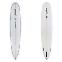 Two views of a white surfboard on a plain white background, showing the top and bottom halves. The board features a gold center stripe, blue outline accents, the brand name 'Stuart' in black script, and 'Revelation 11' printed in blue near the tail.