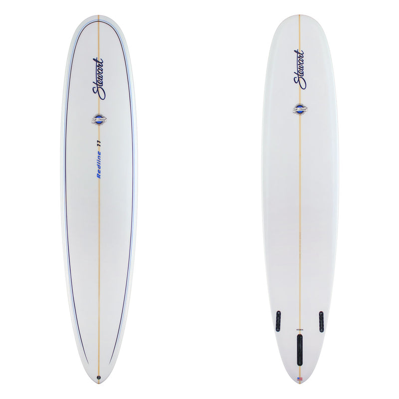 Two views of a white surfboard on a plain white background, showing the top and bottom halves. The board features a gold center stripe, blue outline accents, the brand name 'Stuart' in black script, and 'Revelation 11' printed in blue near the tail.