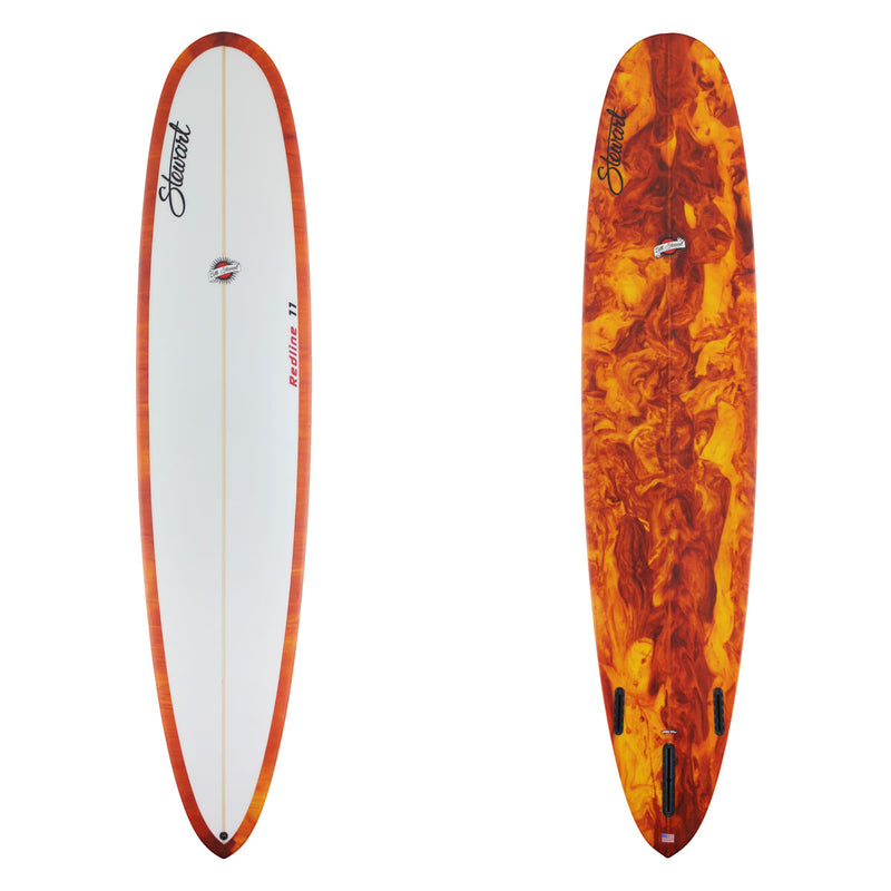 Stewart Longboard 9'0" Redline 11 (9'0", 23 1/4", 3 1/4") B#129784 with a red, orange and yellow resin swirl on the bottom and rails