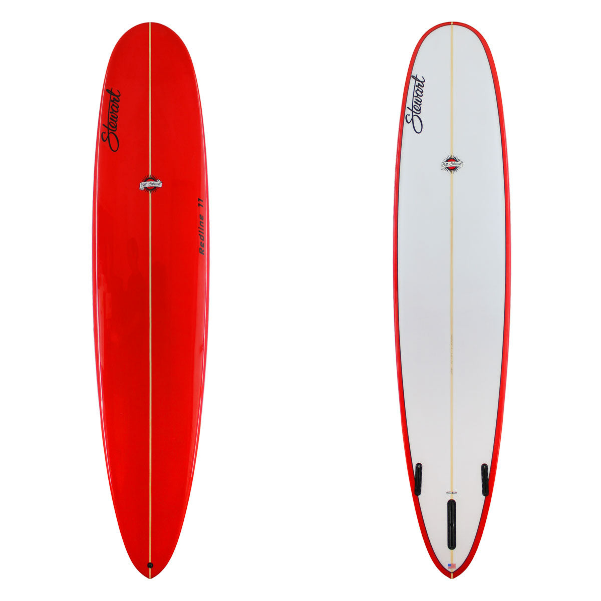 Stewart Longboard 9'0" Redline 11 (9'0", 23 1/4", 3") B#129797 Gloss & Polish with a solid red spray on the deck and rails.