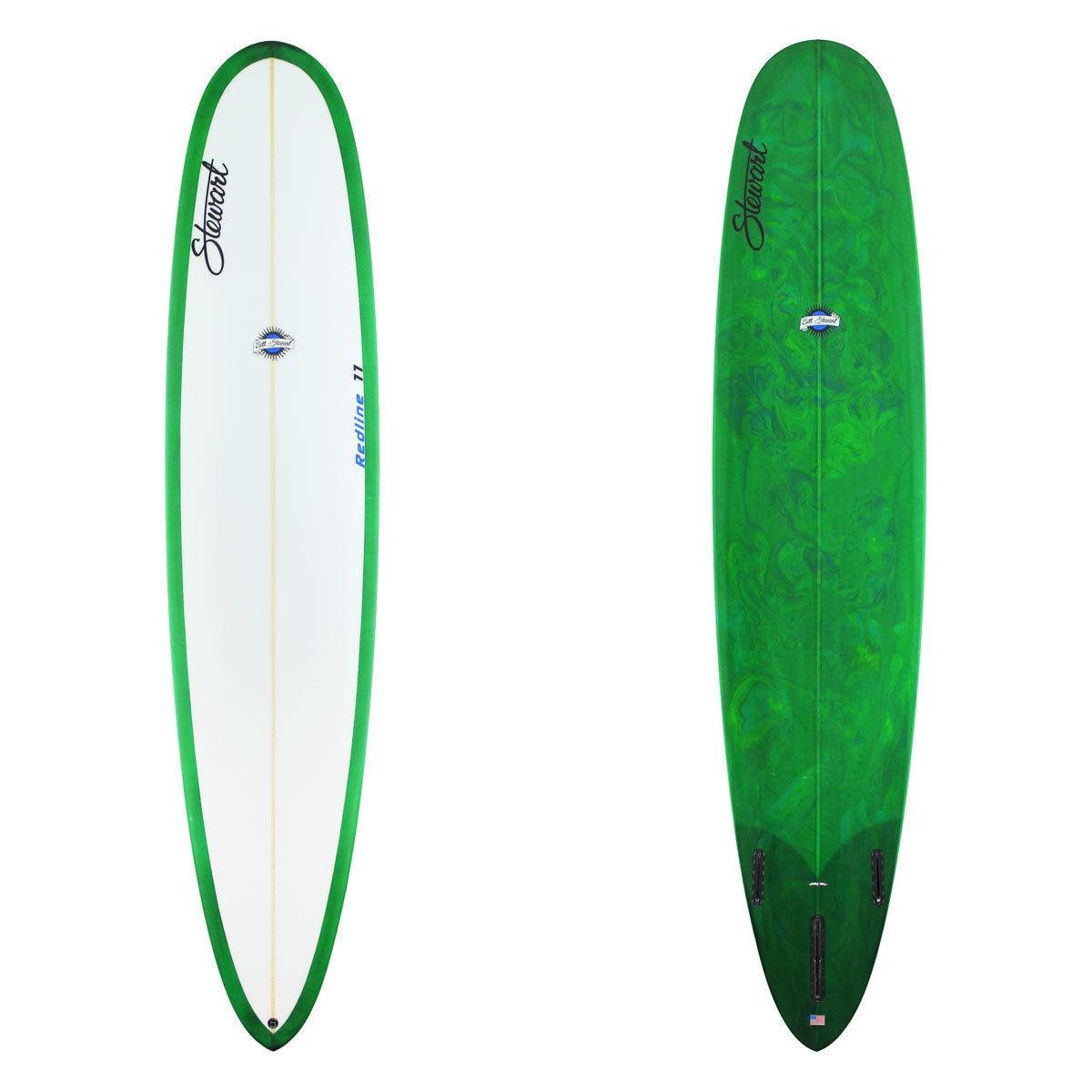 Green and white surfboard with brand logo on a white background