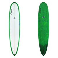 Green and white surfboard with brand logo on a white background