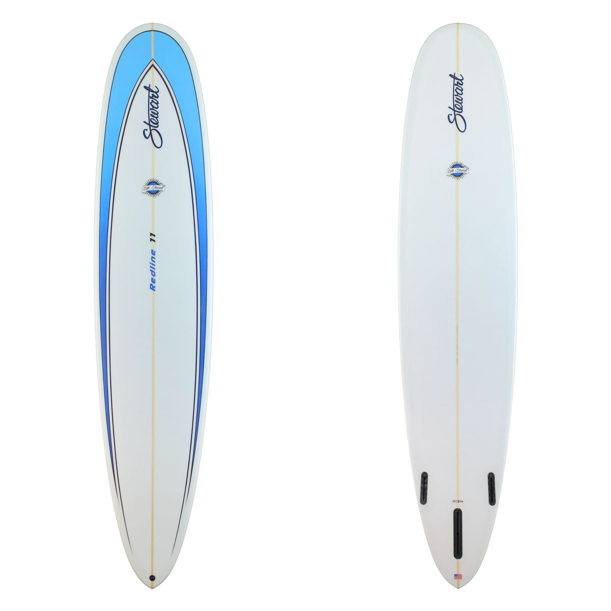 Two views of a surfboard on a plain white background: a full-length top view on the left with a white body, light blue graphic area, blue side stripes, and black script branding; a rear three-quarter view on the right showing the tail fin mounts and the same branding.