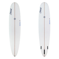 Two white surfboards with branding on a white background