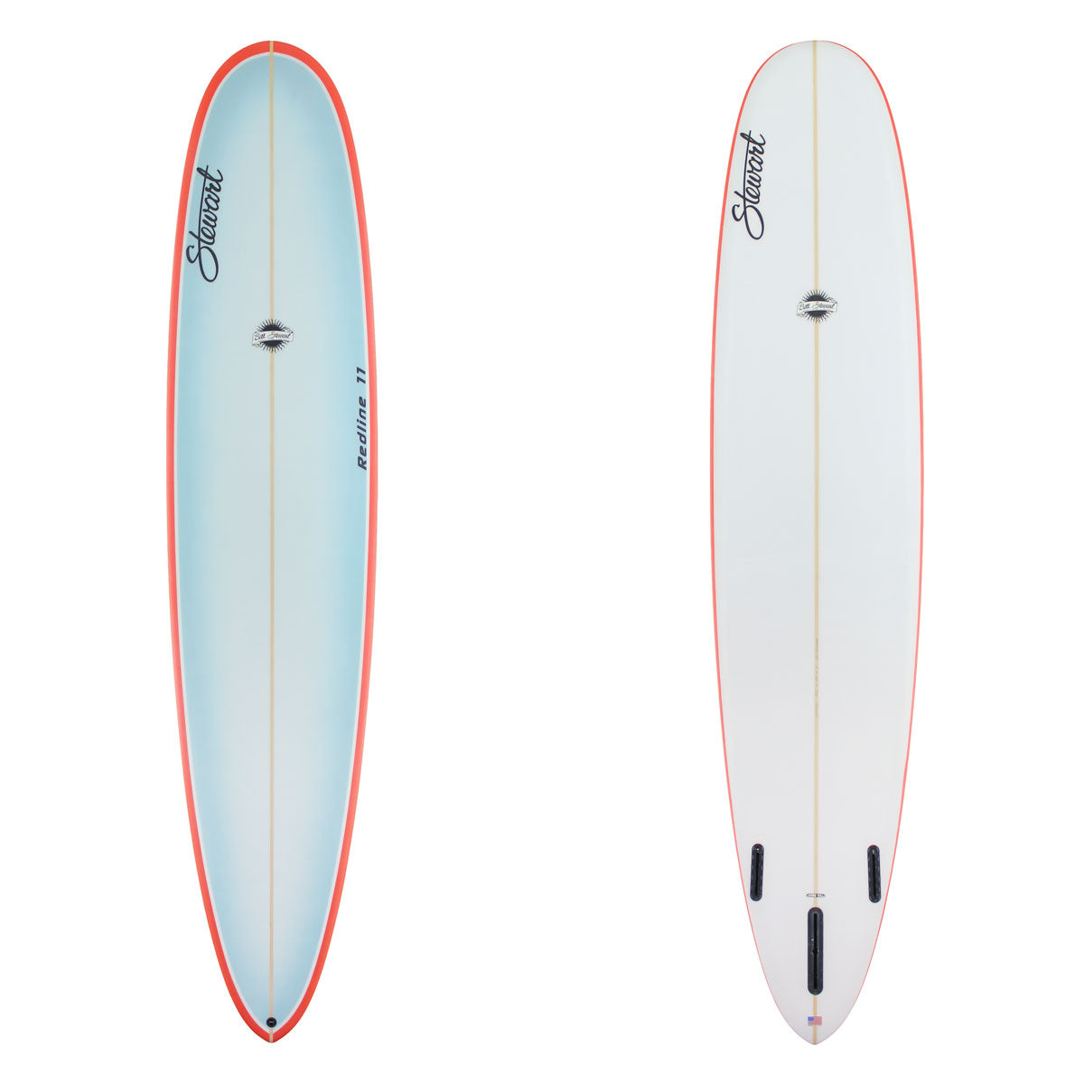 Two images of a stewart redline 11. the deck has orange rails and a blue center. The bottom is white. There is black branding n both sides.