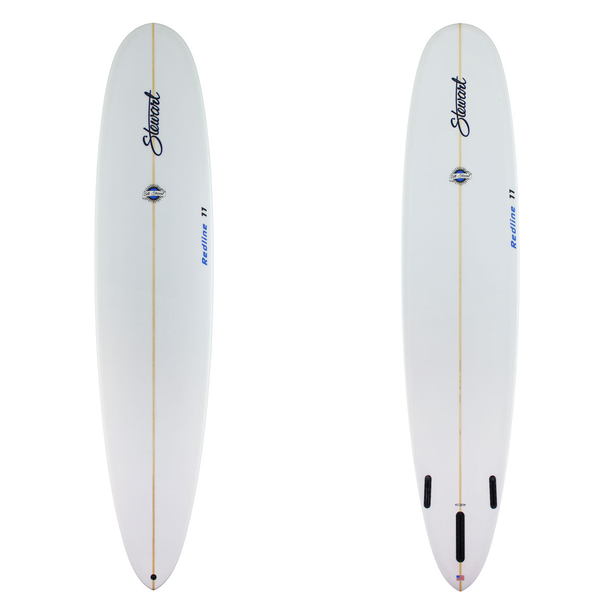 two images of a white redline 11 with black and blue stewart branding.
