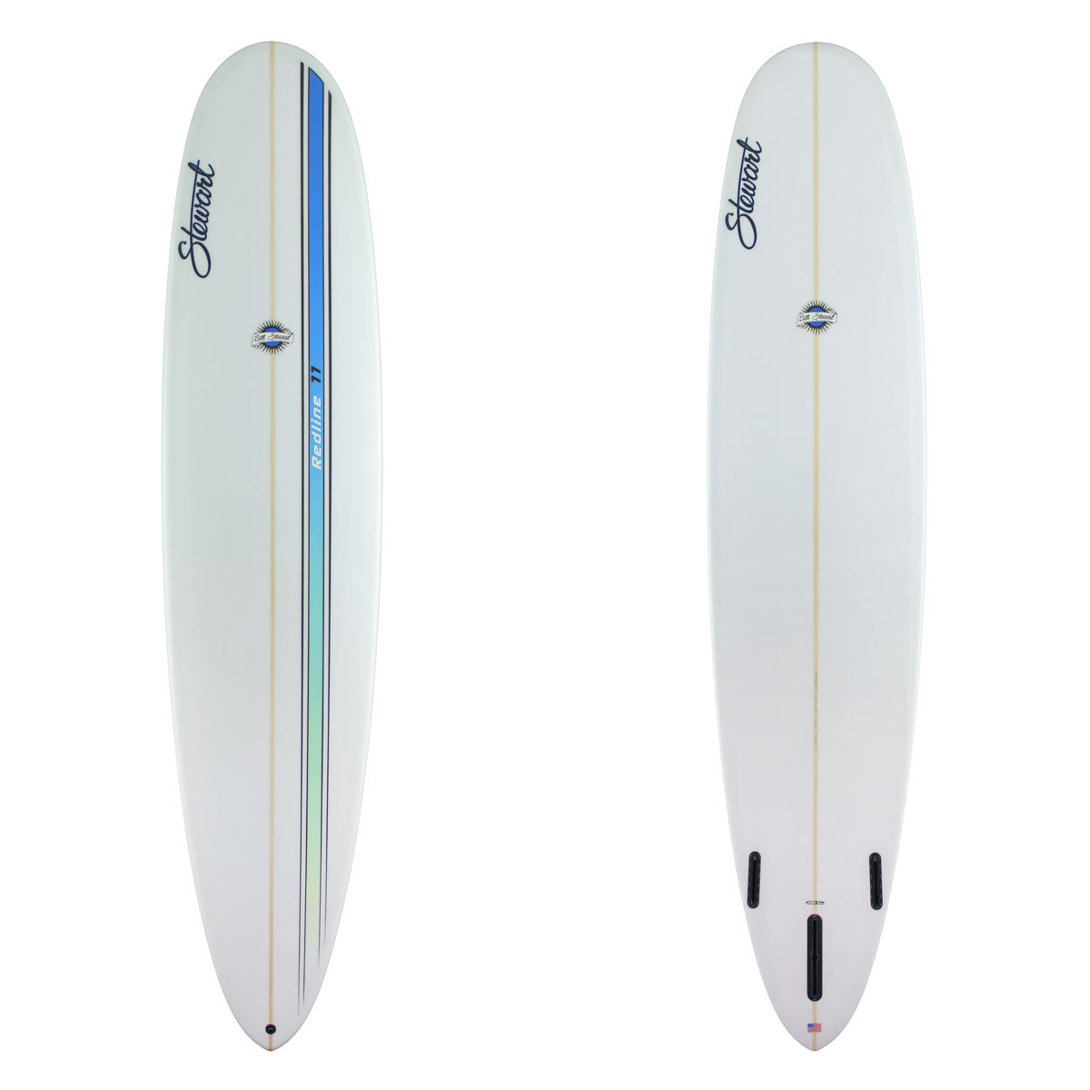 Stewart Longboard 9'0" Redline 11 (9'0", 24", 3 1/8") B#129926 with a blue to green fade racing stripe on the deck